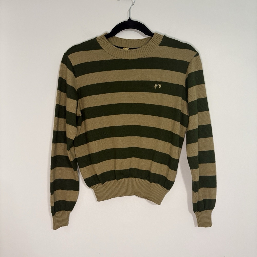 VTG 70s 80s Hang Ten Striped Knit Sweater Large Green Khaki Surf Grunge EUC